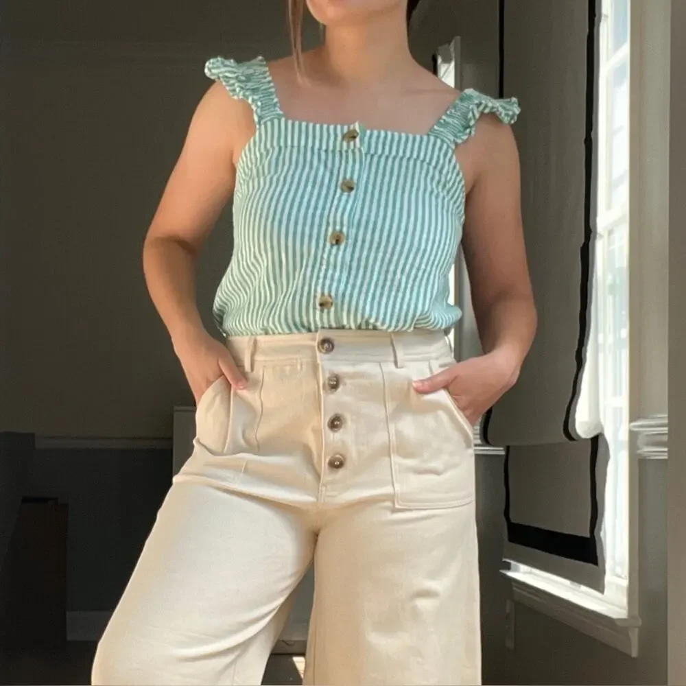 J. Crew Green Striped Linen Button Front Ruffle Top Small